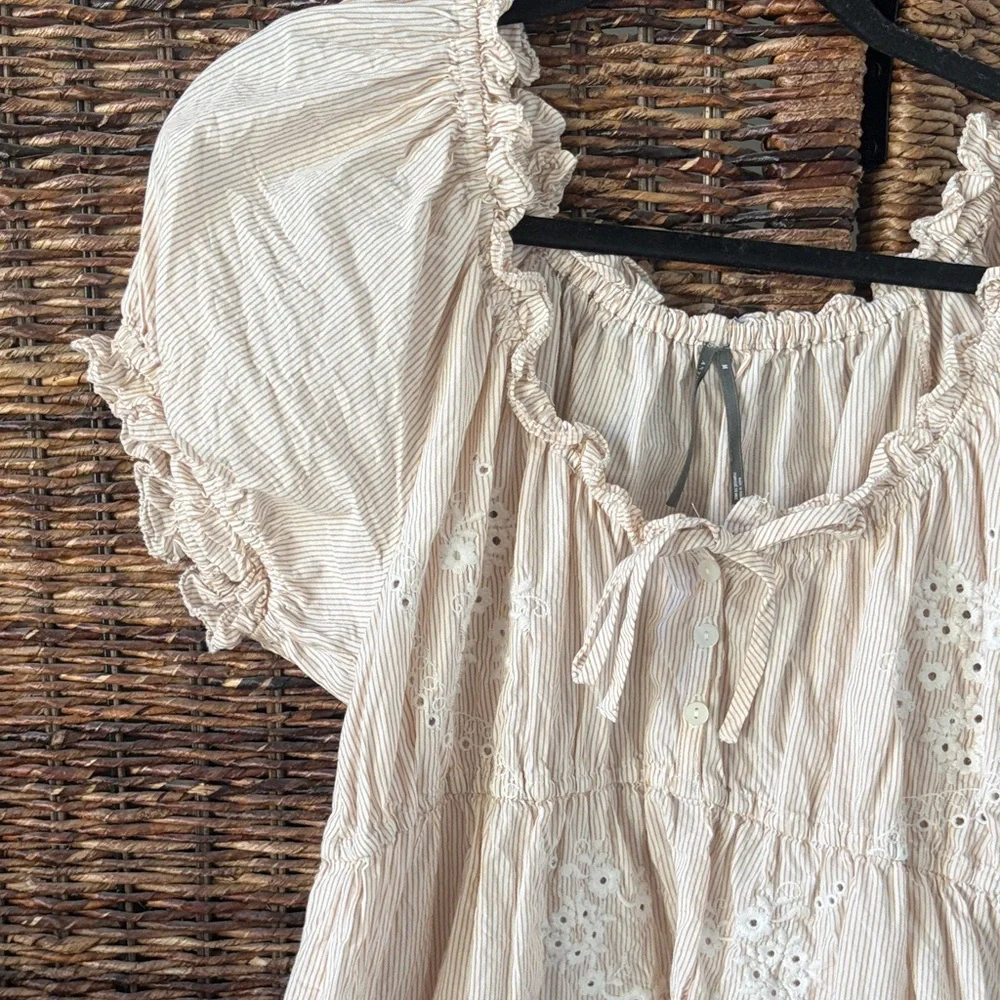 New Anthropologie Blush Eyelet Peasant Blouse with Tie Neck